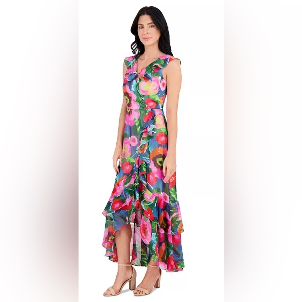 Kensie pink floral multi Print Ruffle Trim wrap style‎ Dress size 12 brand new